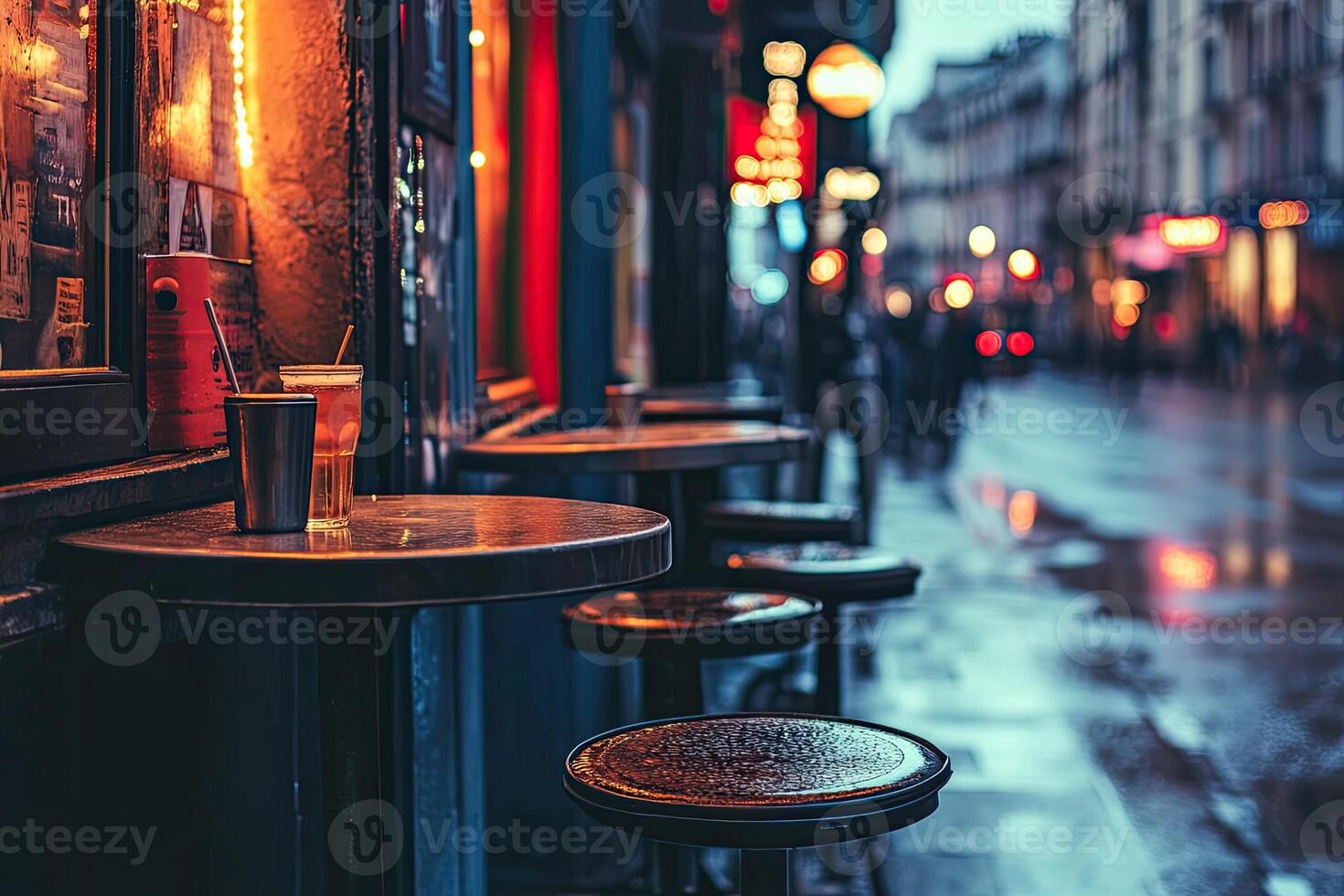 Rainy night cafe scene photo