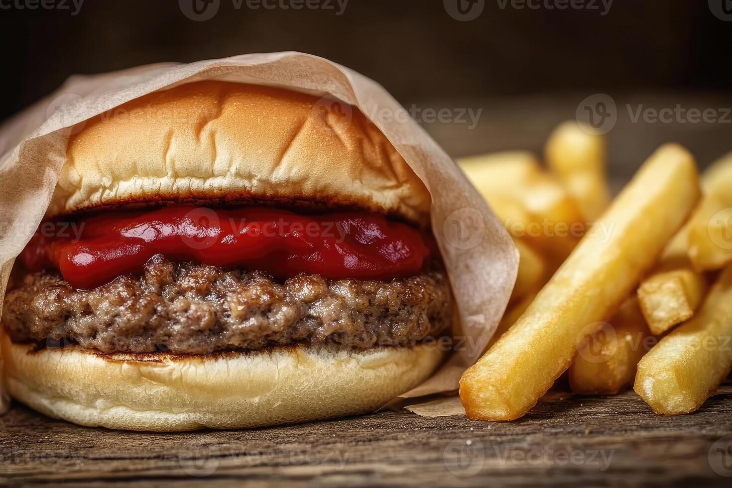 A hamburger with ketchup and french fries photo