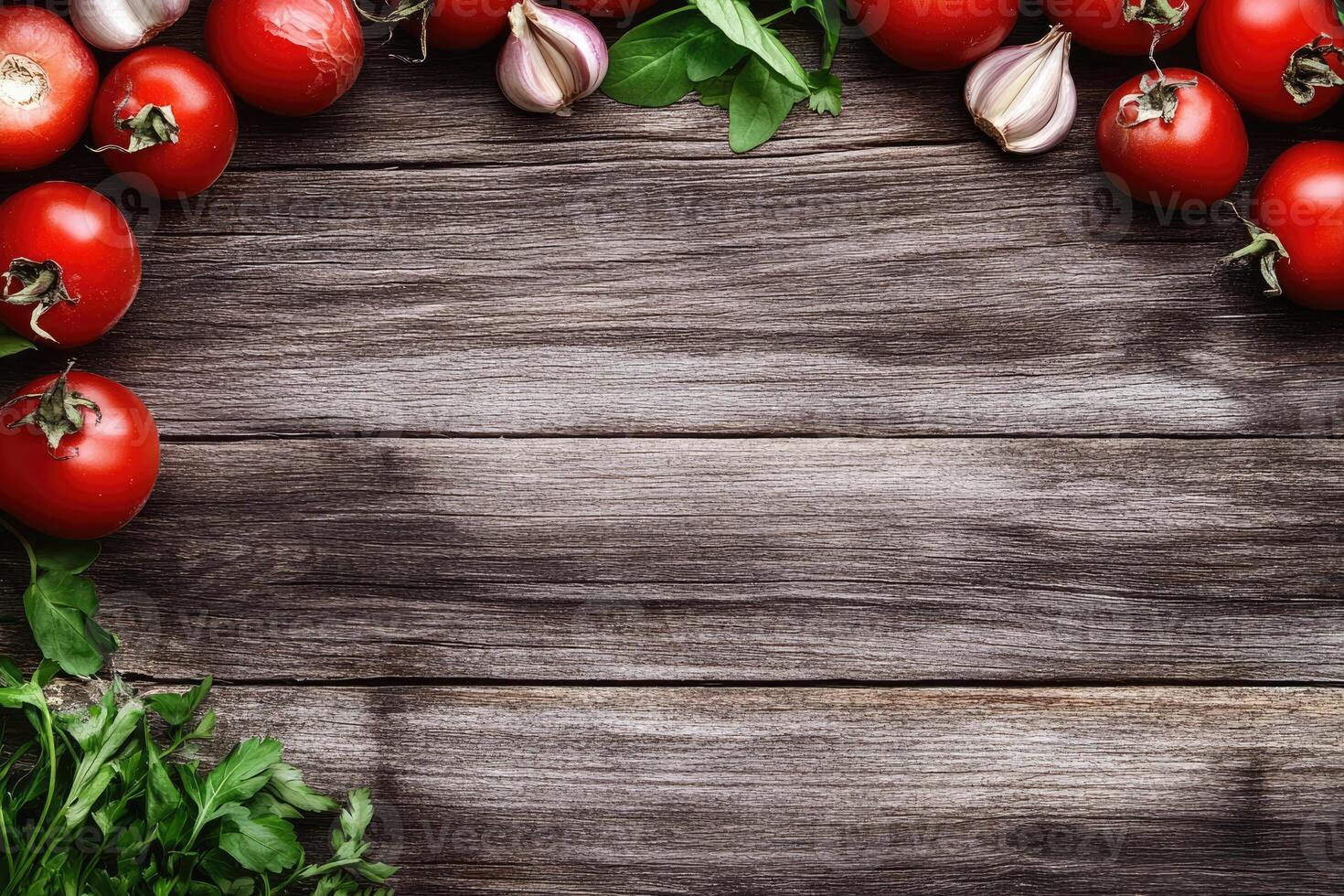 Fresh tomatoes, garlic, and herbs on rustic wooden planks photo