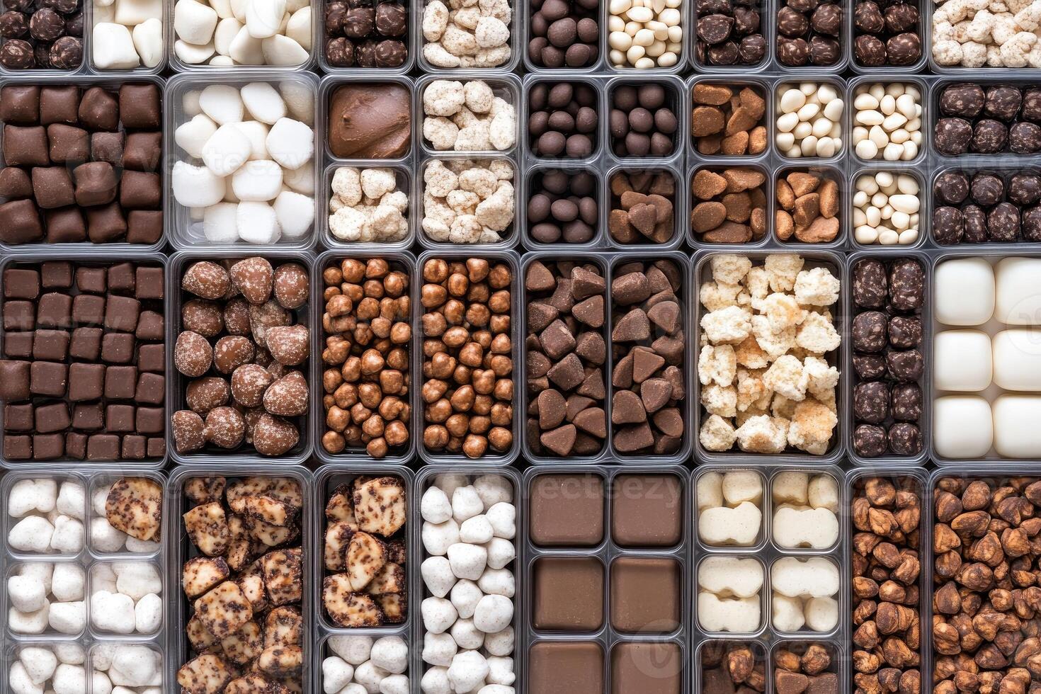 Assortment of gourmet chocolate and confectionery pieces in organized containers photo