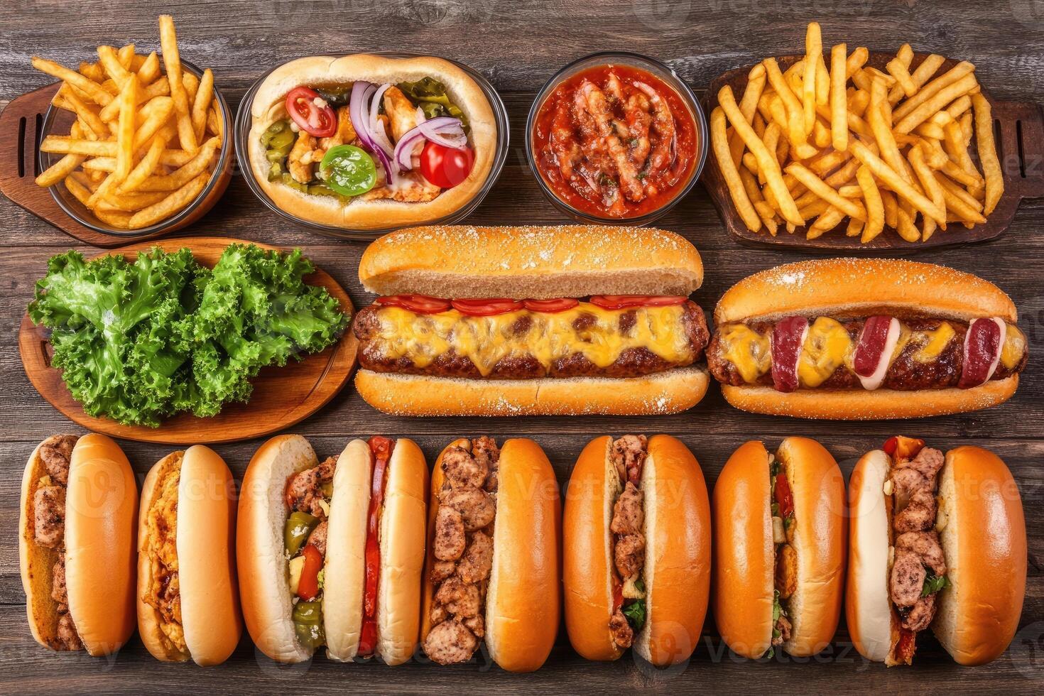 Assorted hot dogs, burgers, and fries photo