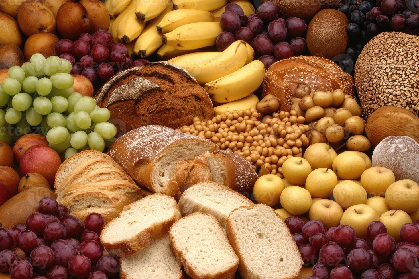 Colorful array of fresh fruits and breads photo