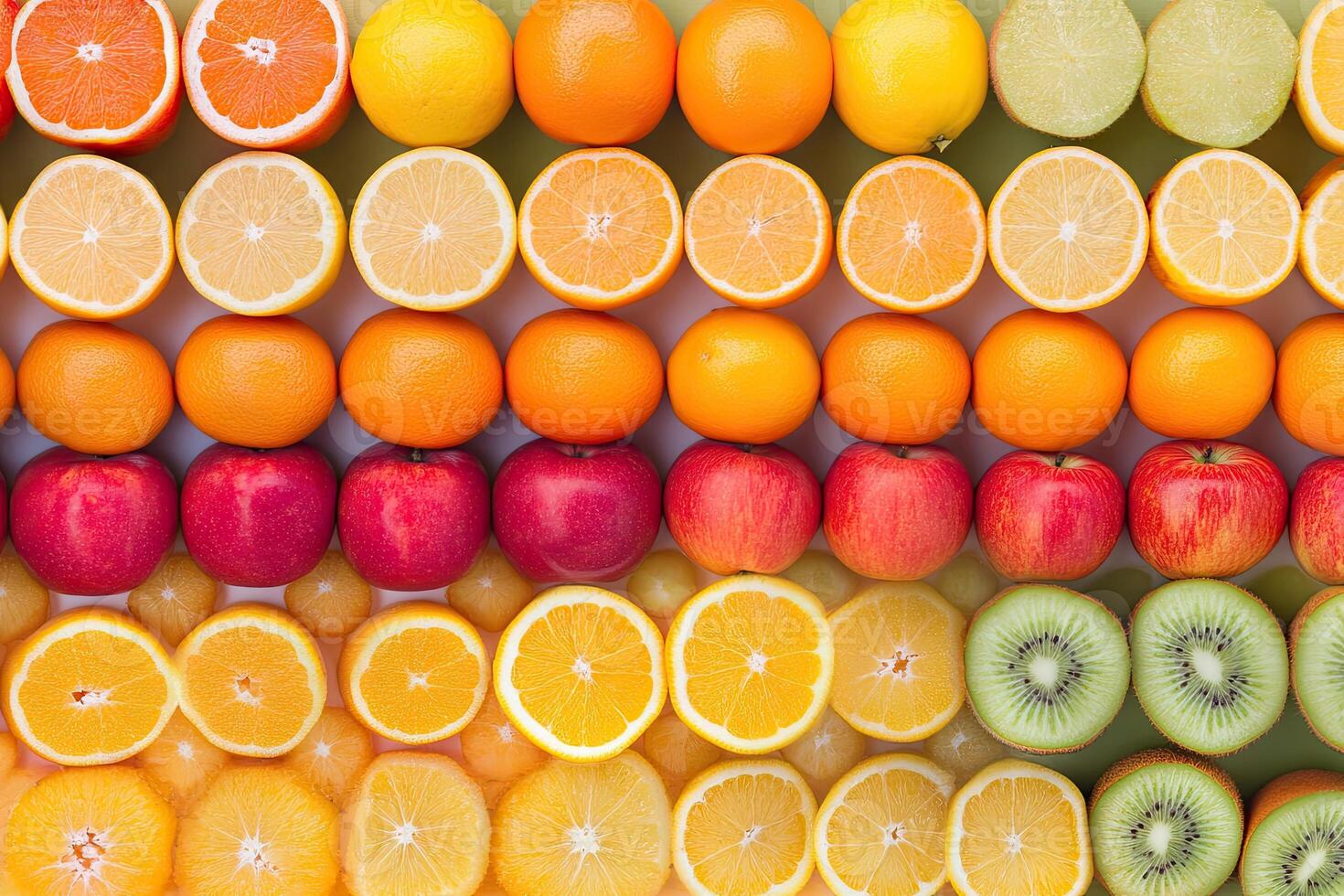 Colorful fruit slices arranged in rows photo