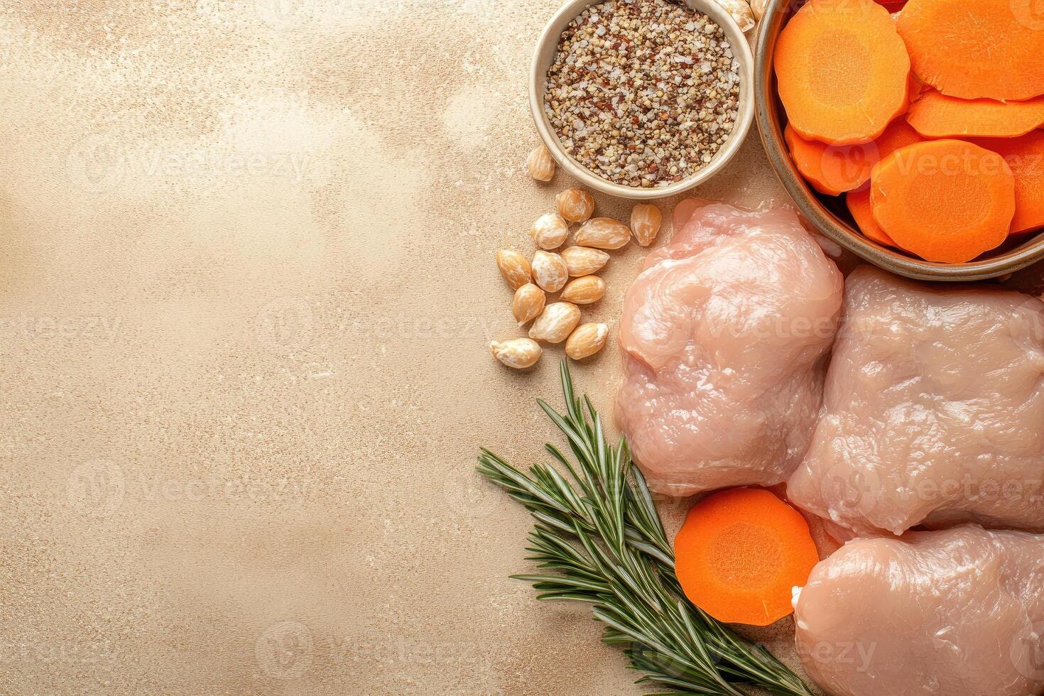 Fresh chicken breast, carrots, and grains photo