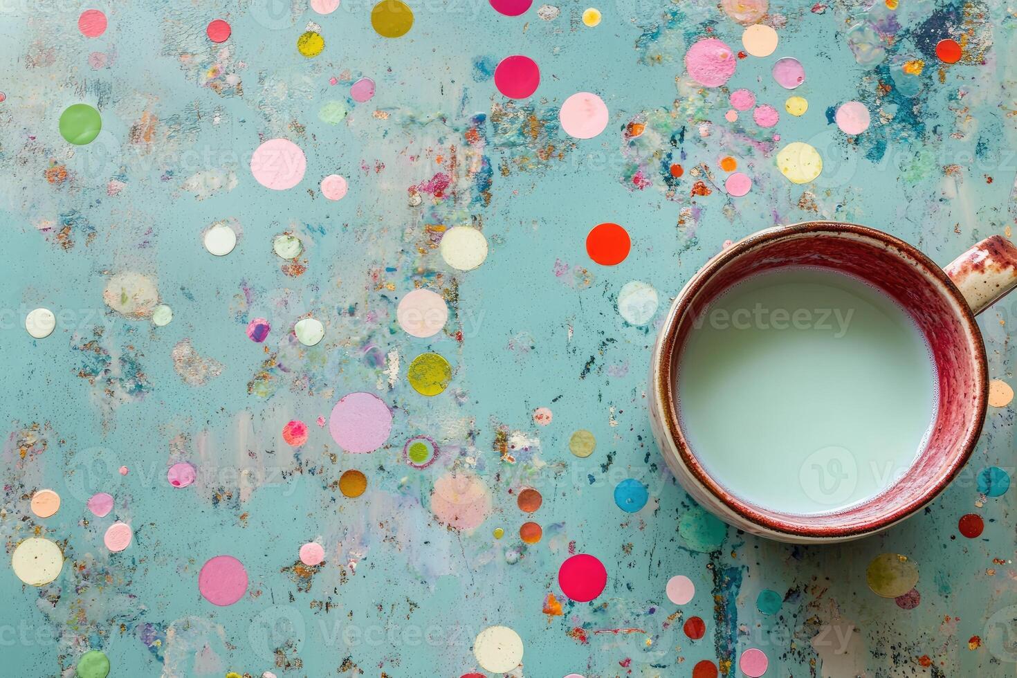 Mint green milk in a vintage mug on a teal surface with colorful confetti photo