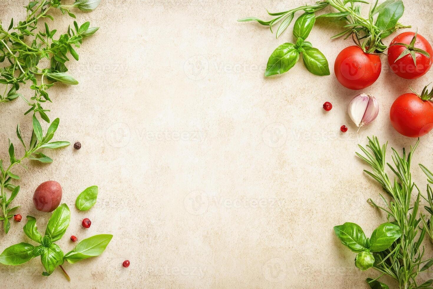 Fresh herbs and vegetables arranged on a textured surface photo