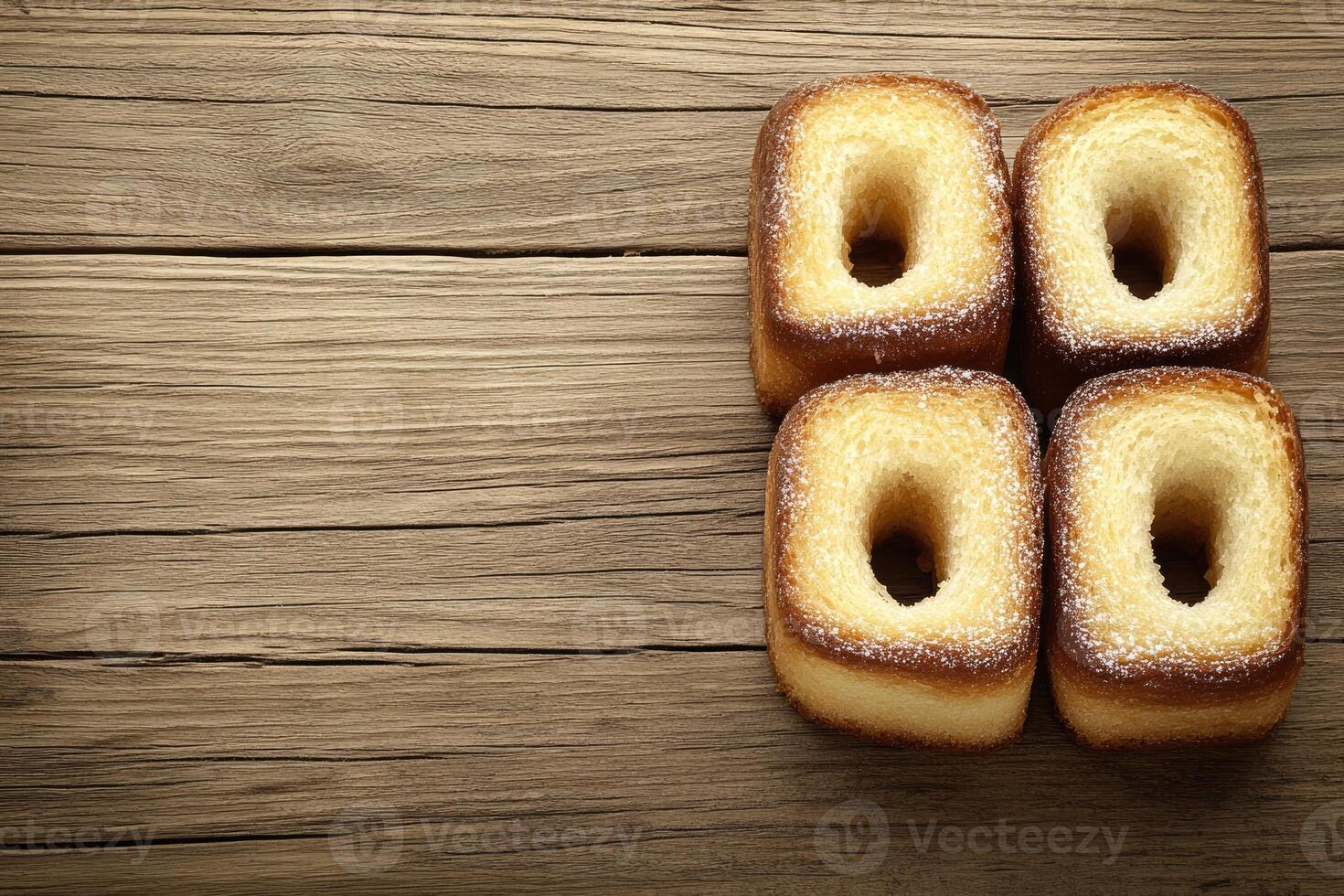 Four square pastries with holes, dusted with sugar, on a rustic wooden surface photo