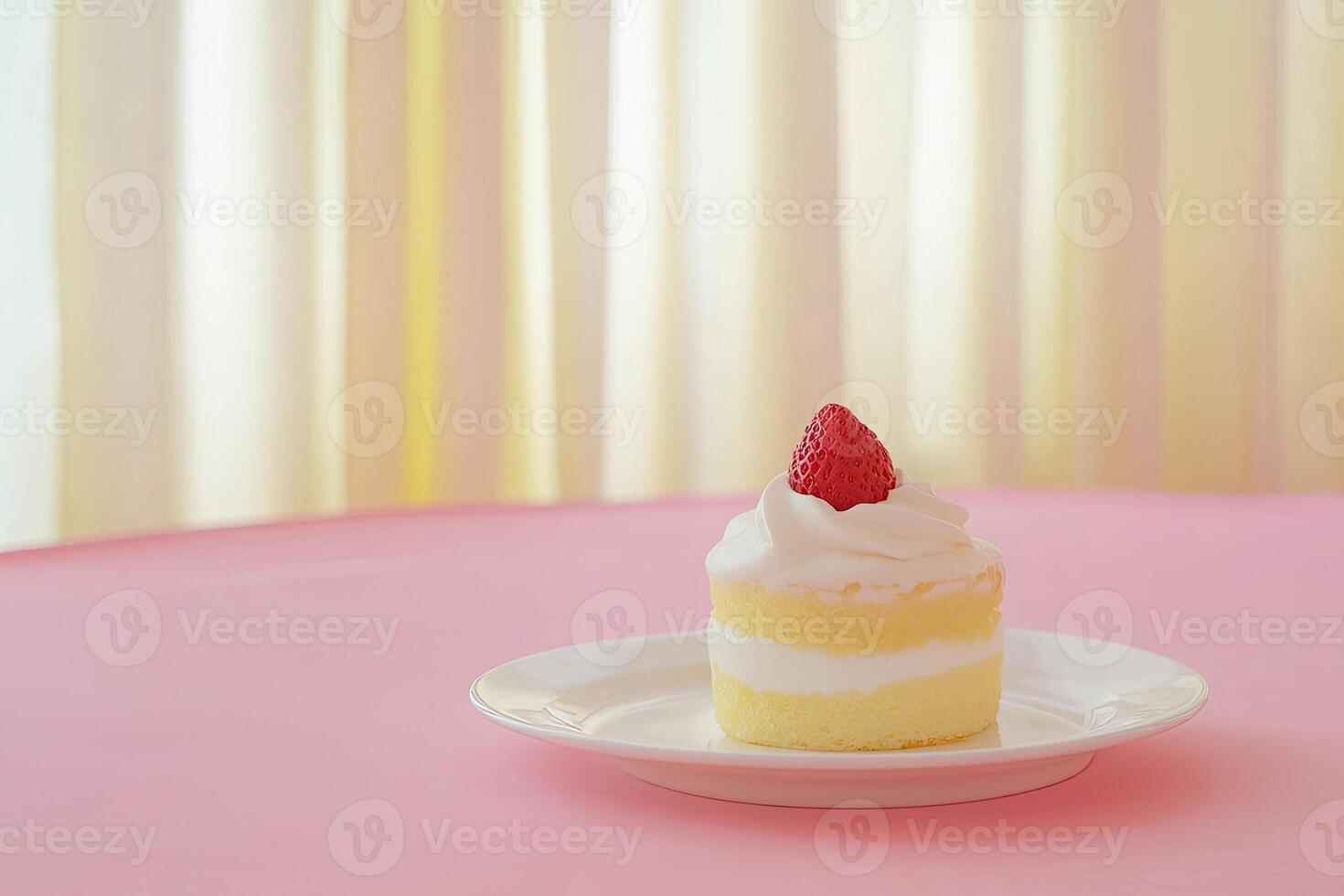 Delicate layered cake with a single strawberry photo