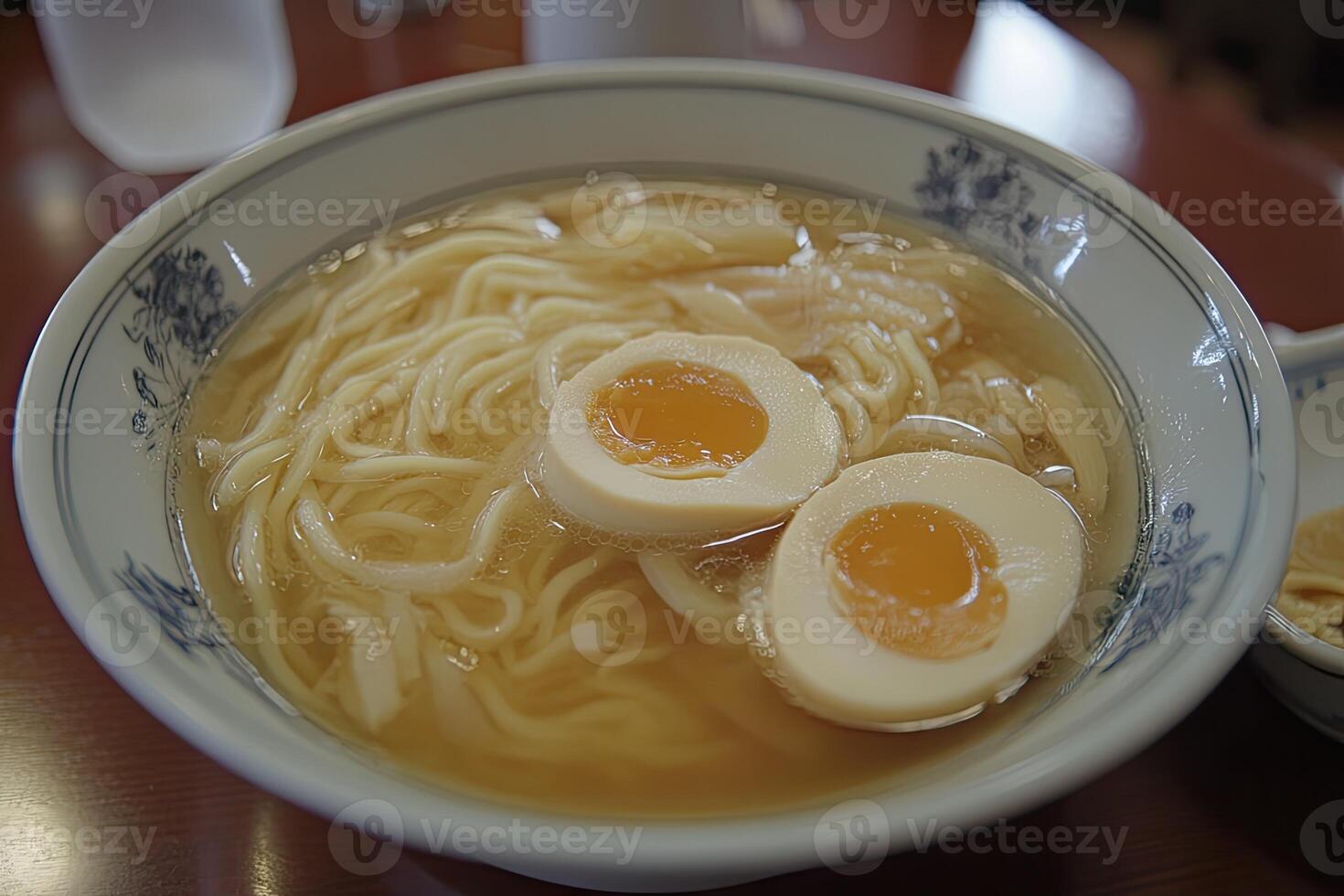 Bowl of noodle soup with soft-boiled egg photo
