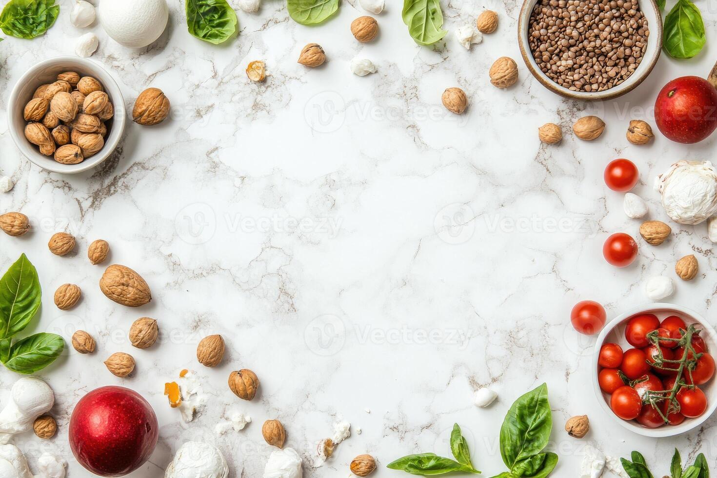 Colorful food arrangement on marble photo
