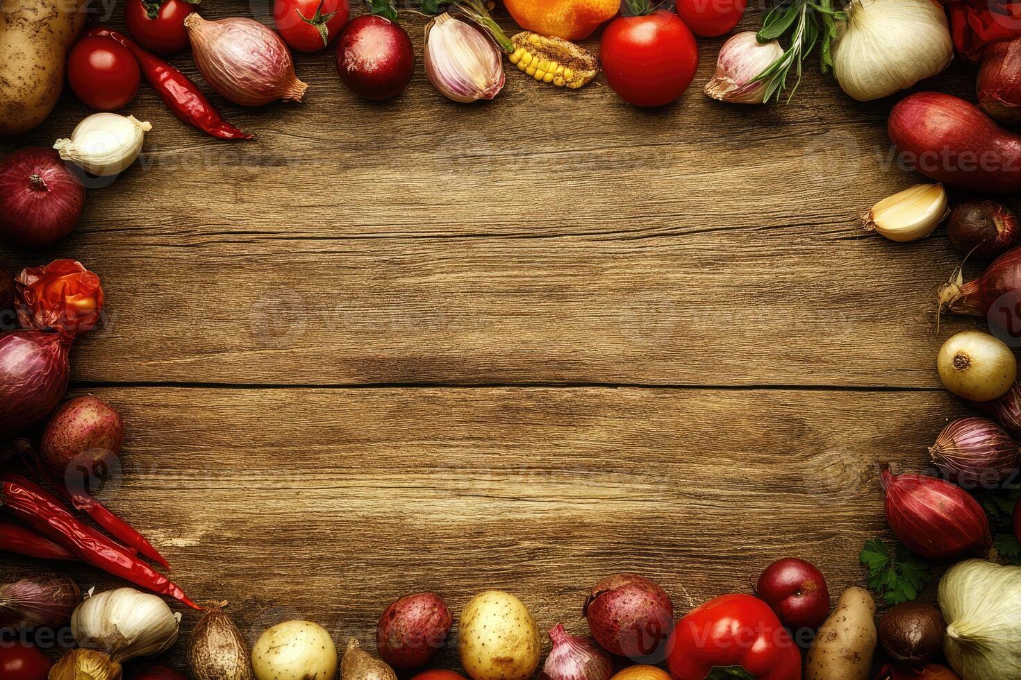 Fresh, colorful vegetables arranged in a frame on a rustic wooden surface photo