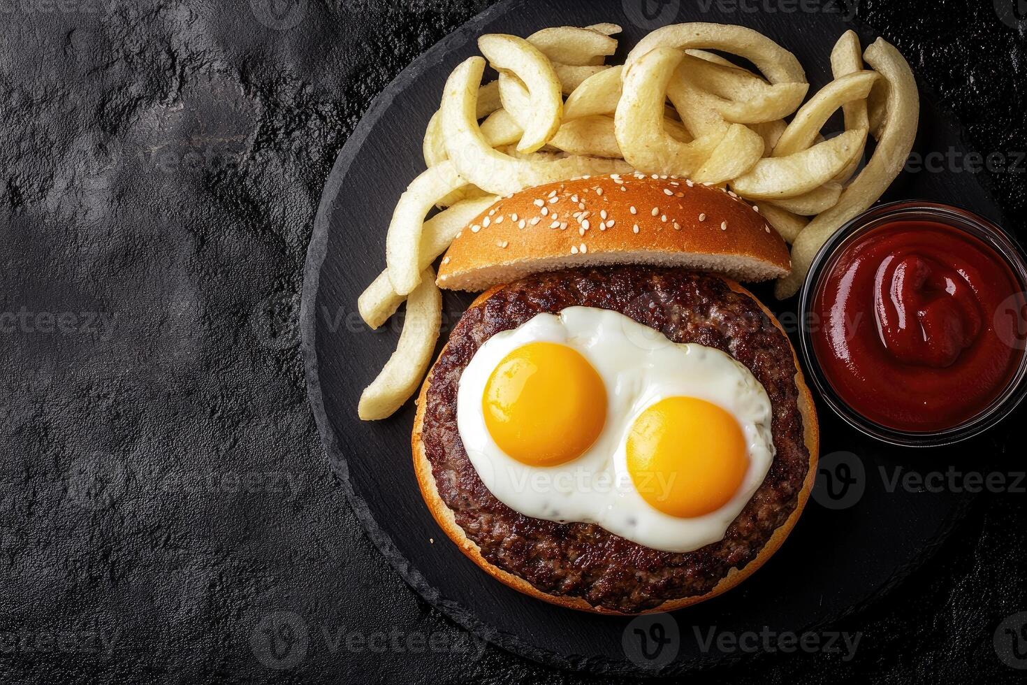Delicious double fried egg burger with fries photo