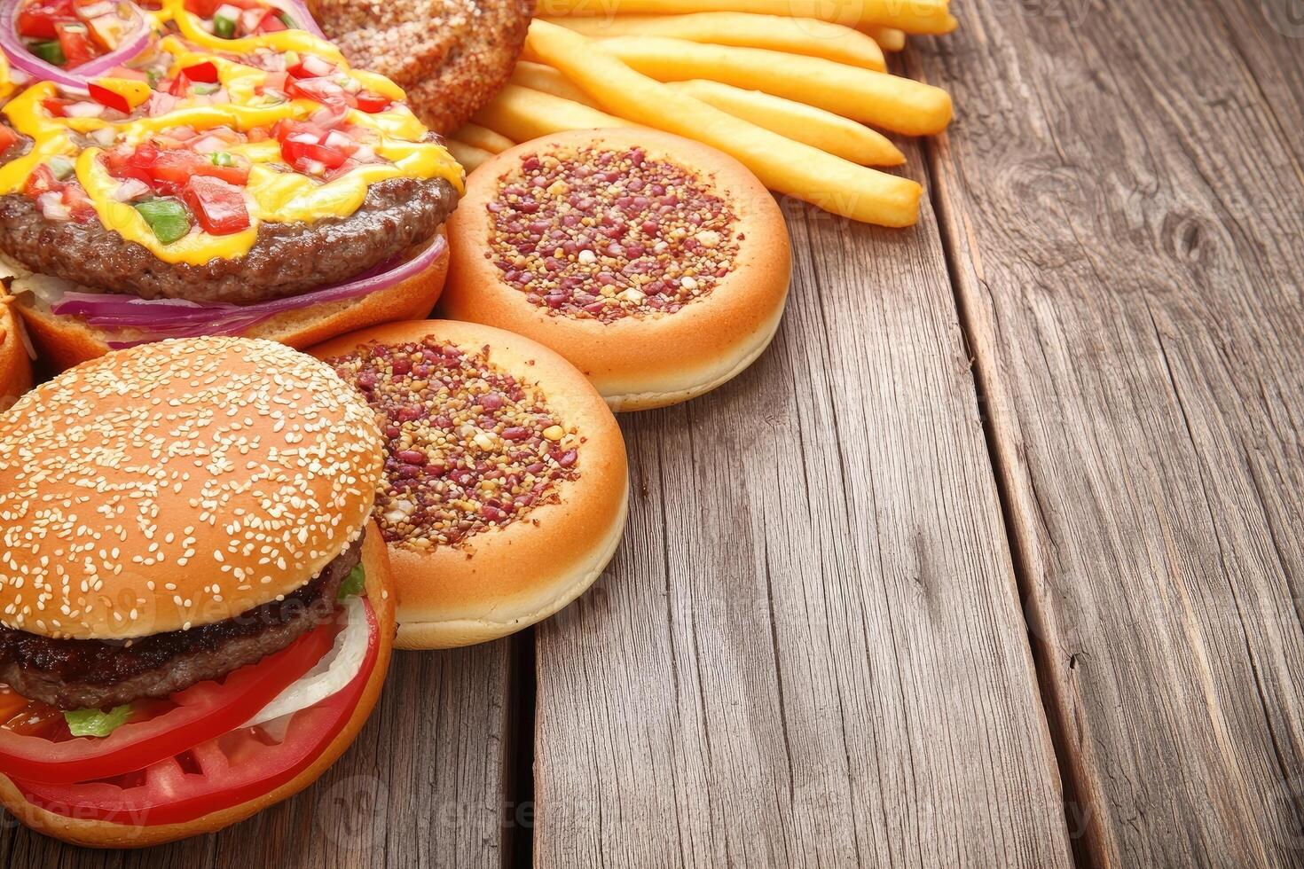 Assorted burgers and fries on a wooden surface photo