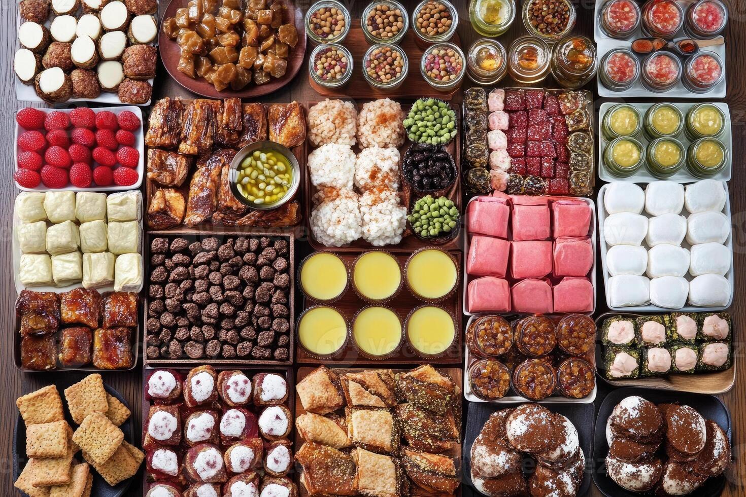 Exquisite array of sweet treats in various shapes and colors, presented in a grid pattern photo