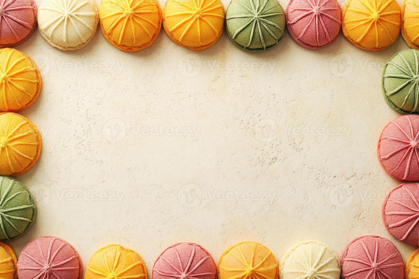 Colorful, round, decorative cookies in a border photo