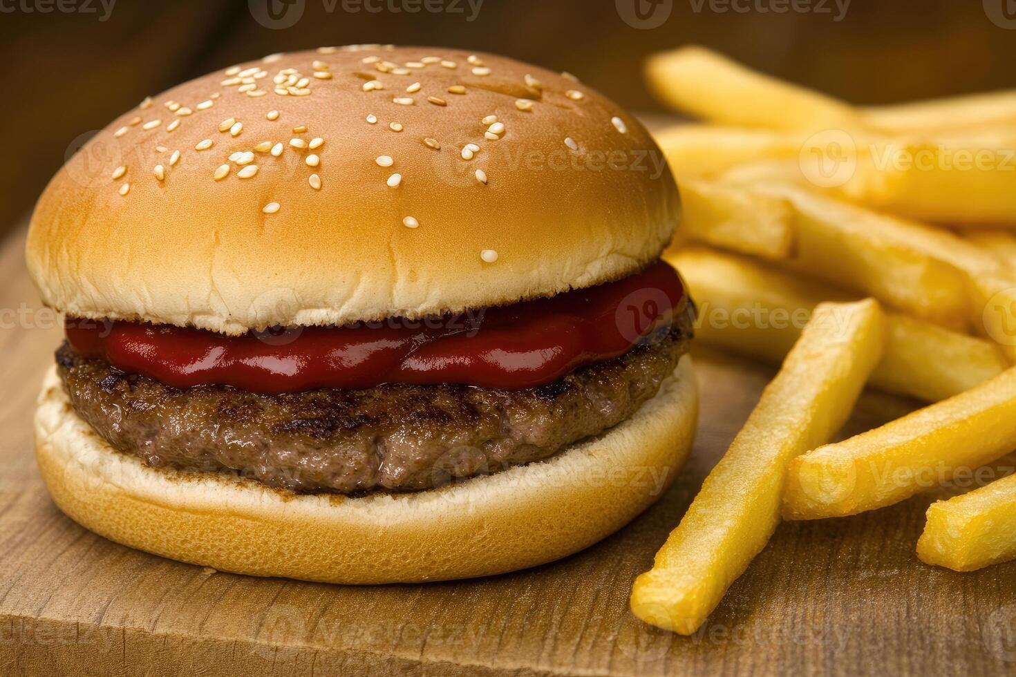 A hamburger and french fries on a wooden cutting board photo