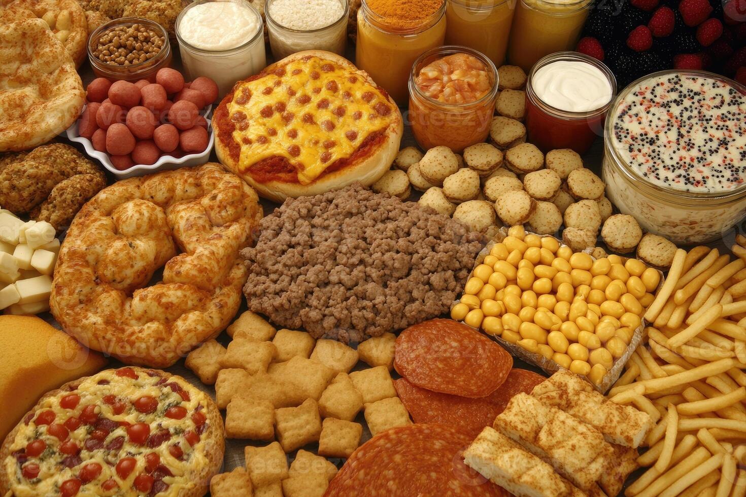 A variety of foods including pizza, chips, and other snacks photo