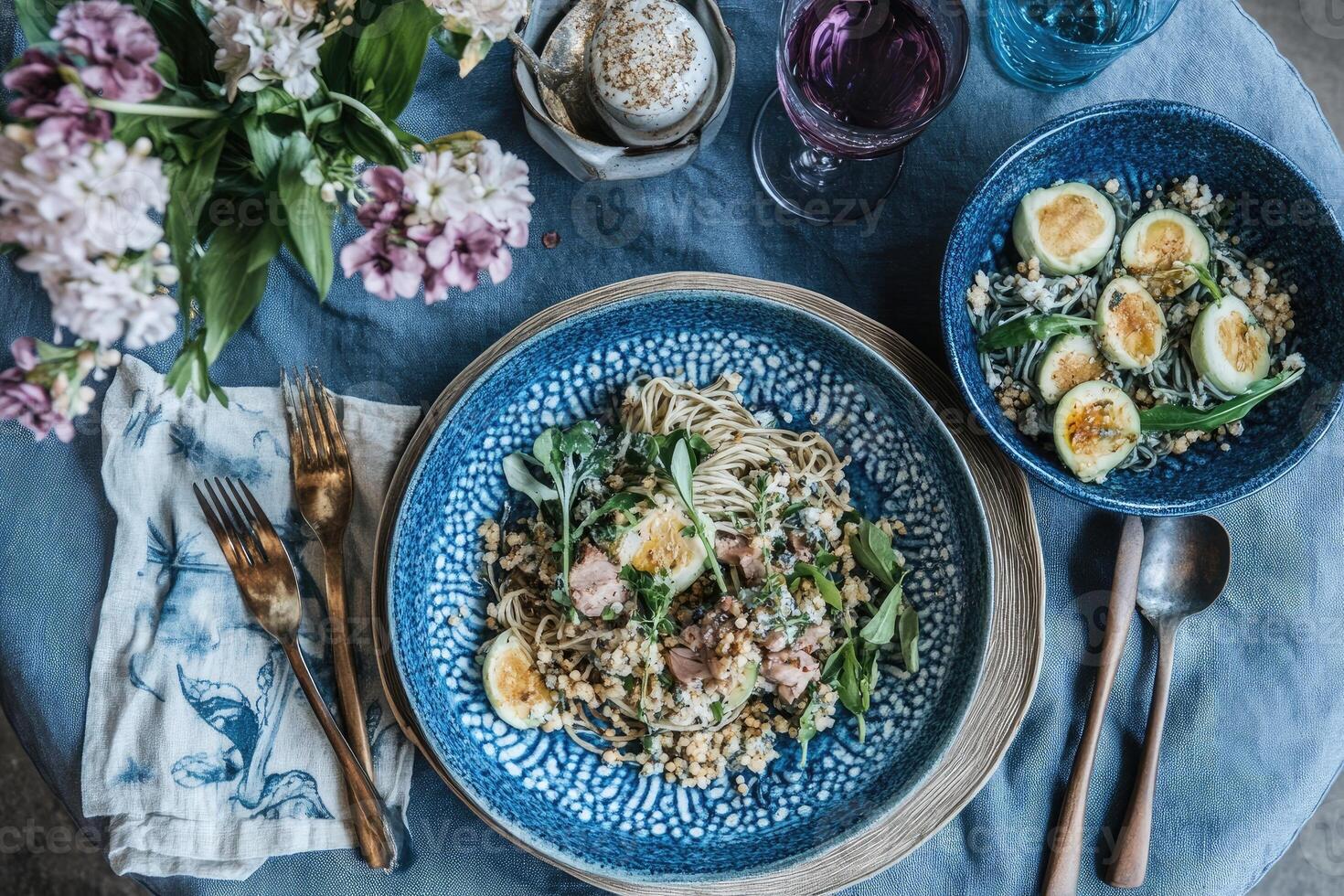 Elegant pasta dish served on a table setting with flowers and wine photo