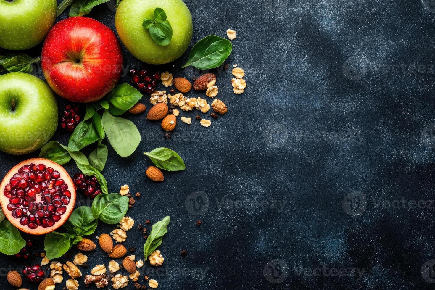Fresh, healthy ingredients arranged on dark surface photo