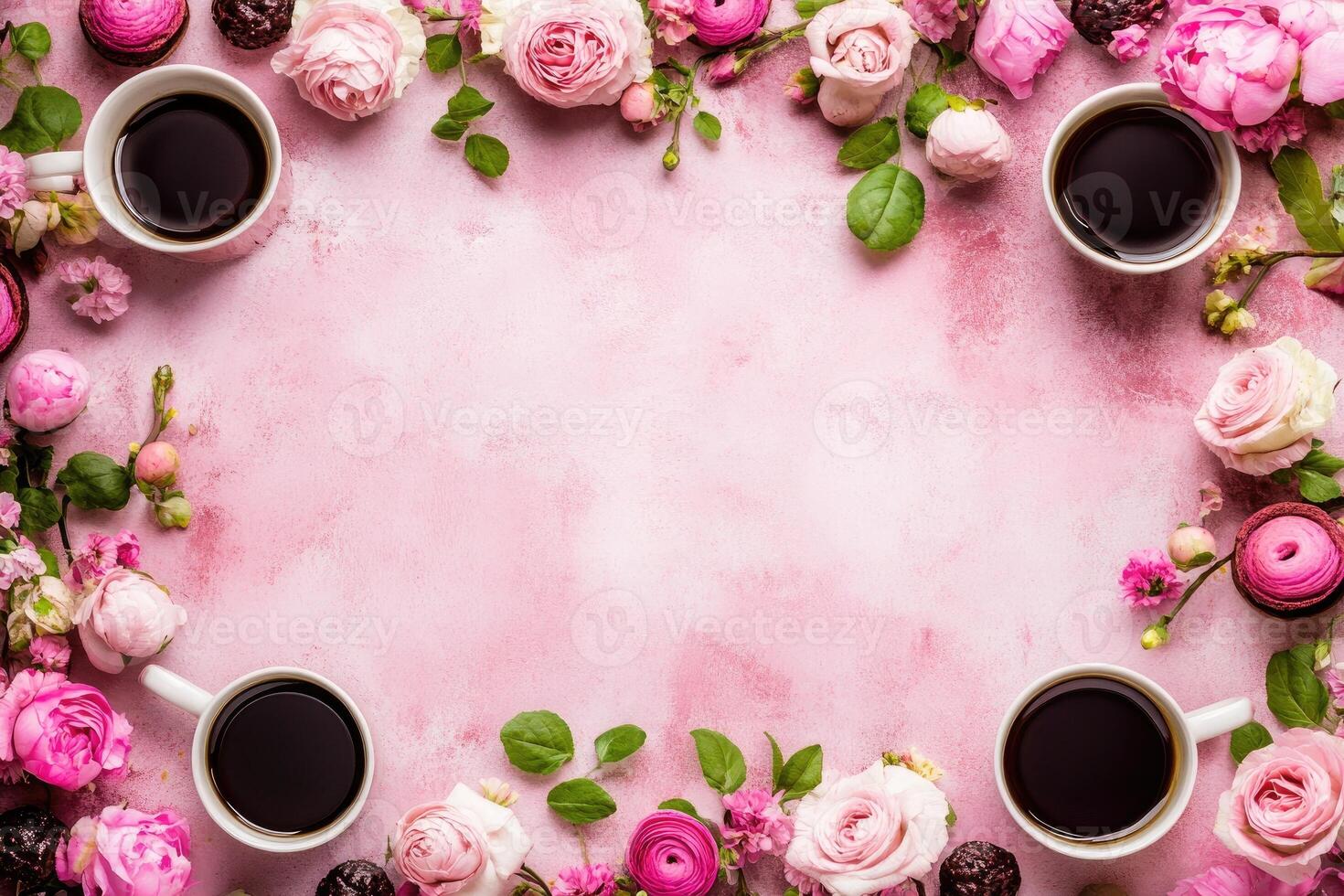 Floral coffee frame on pink photo