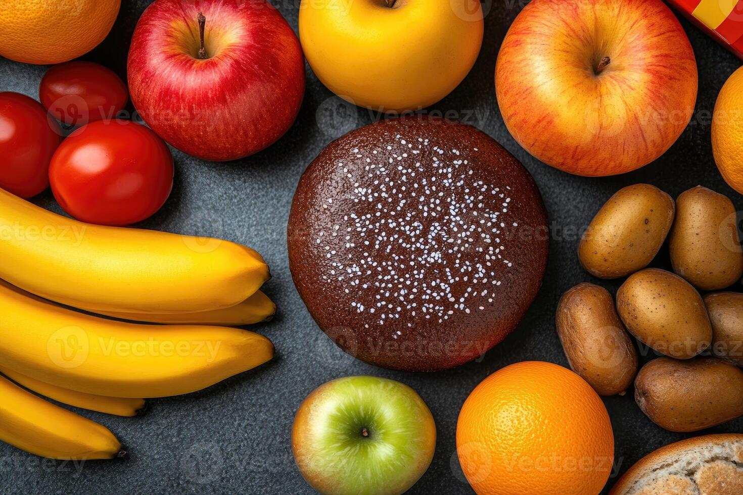 Assorted fruits and baked goods on a dark surface photo