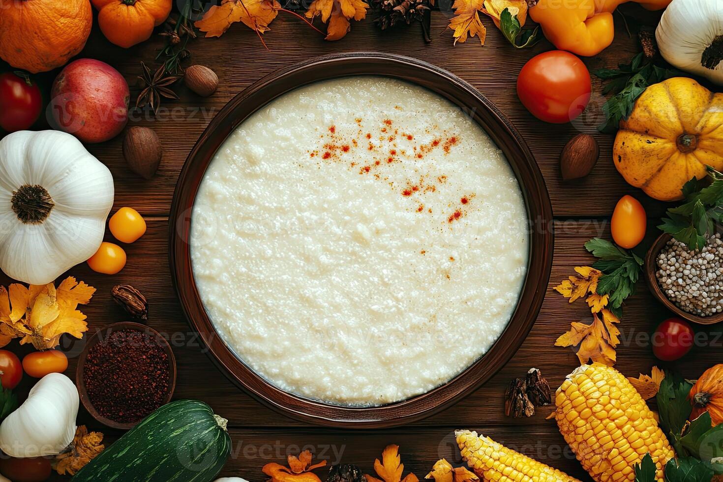 Creamy, autumnal dish on rustic table photo