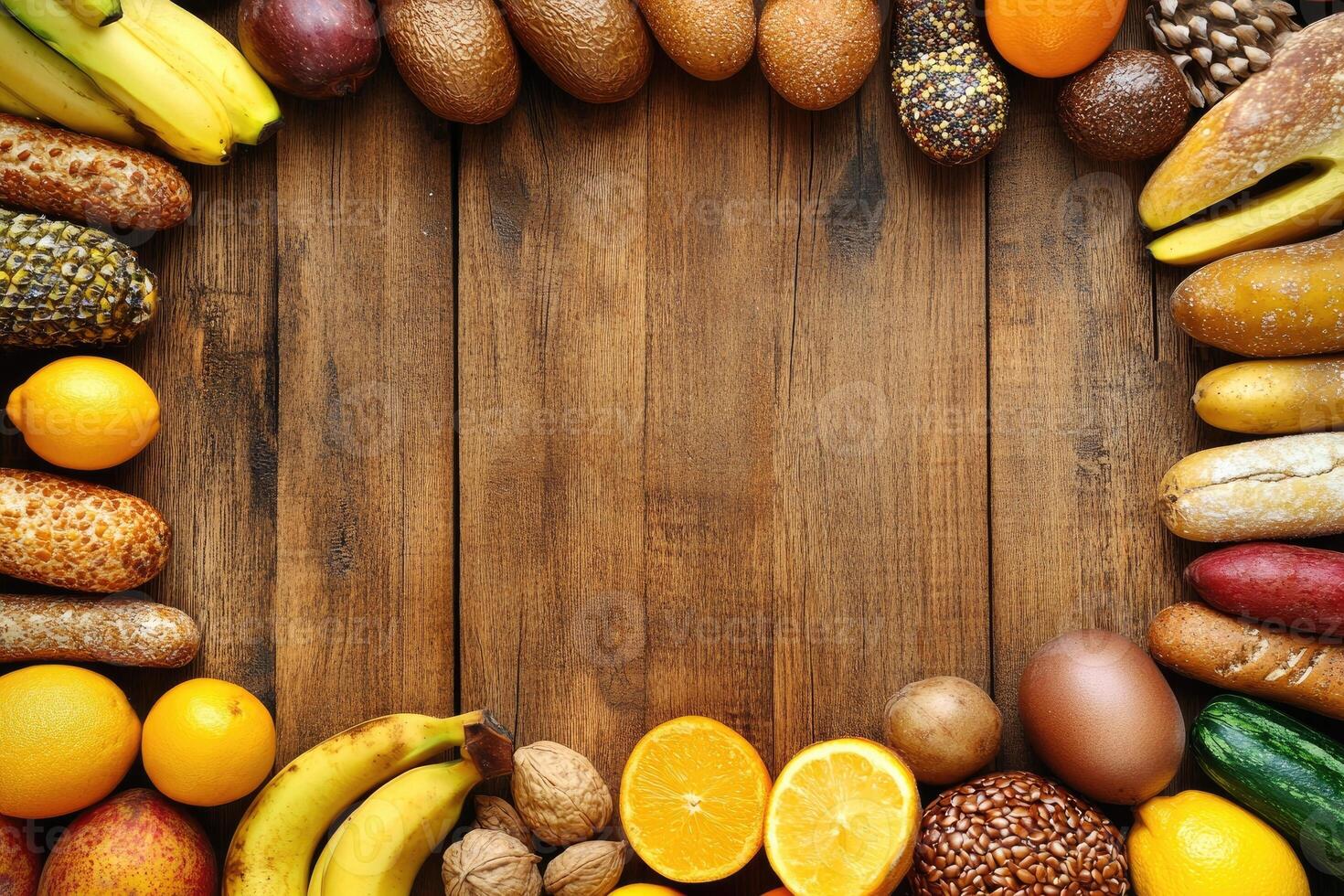 Colorful fruits, vegetables, and breads arranged in a circle on a wooden surface photo