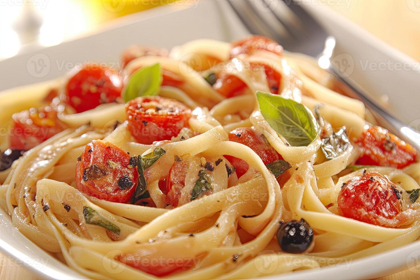 Delicious pasta dish with cherry tomatoes, basil, and olives photo