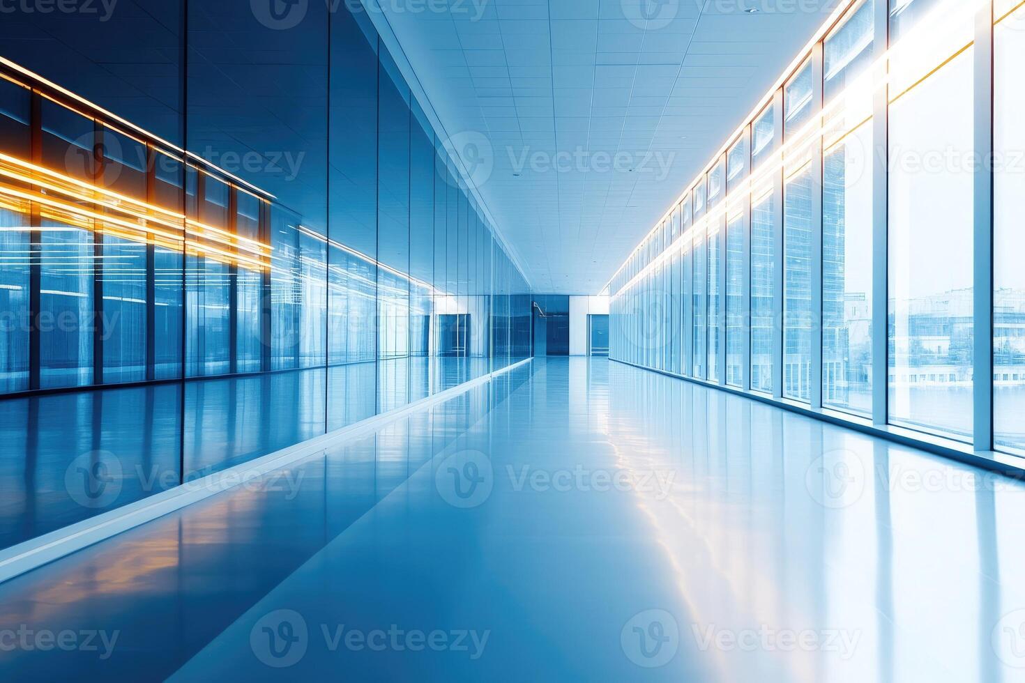 Modern, empty office hallway with large windows photo