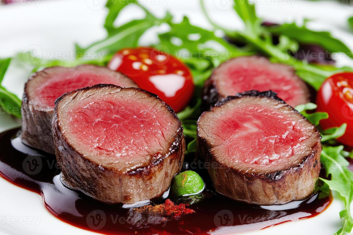 Sliced venison medallions with vibrant sauce and fresh greens photo