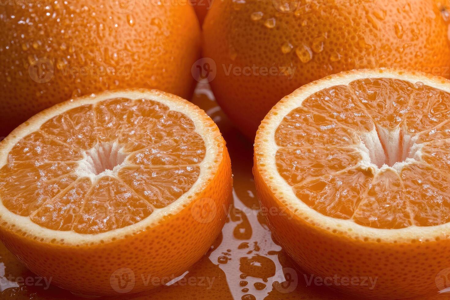 Close-up of fresh oranges, wet and juicy photo