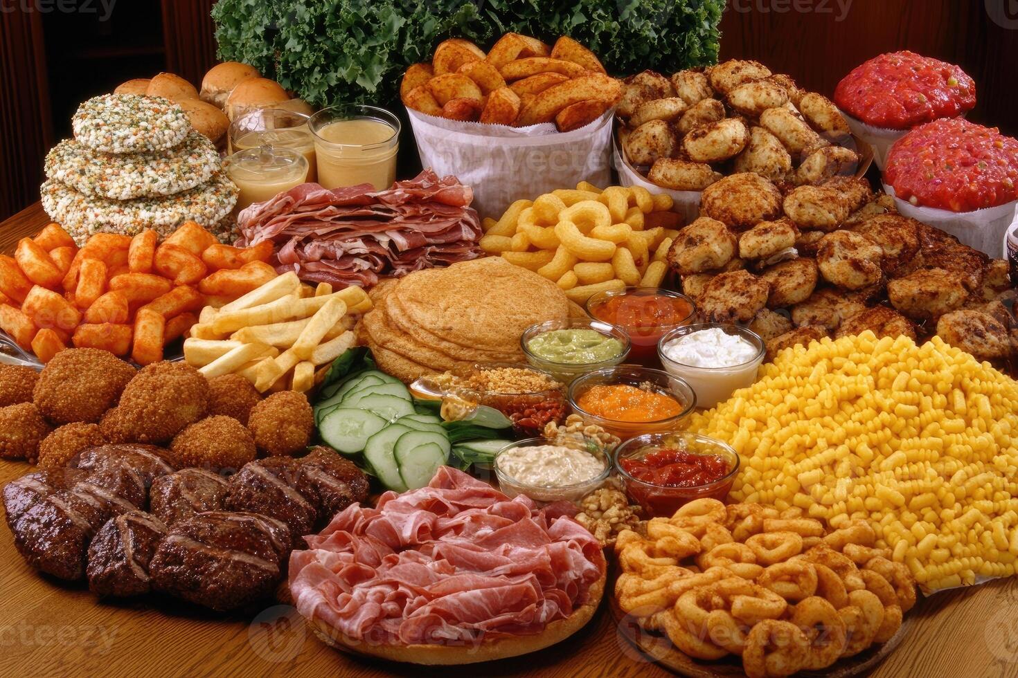 Massive buffet of diverse fried, cooked, and sliced foods photo