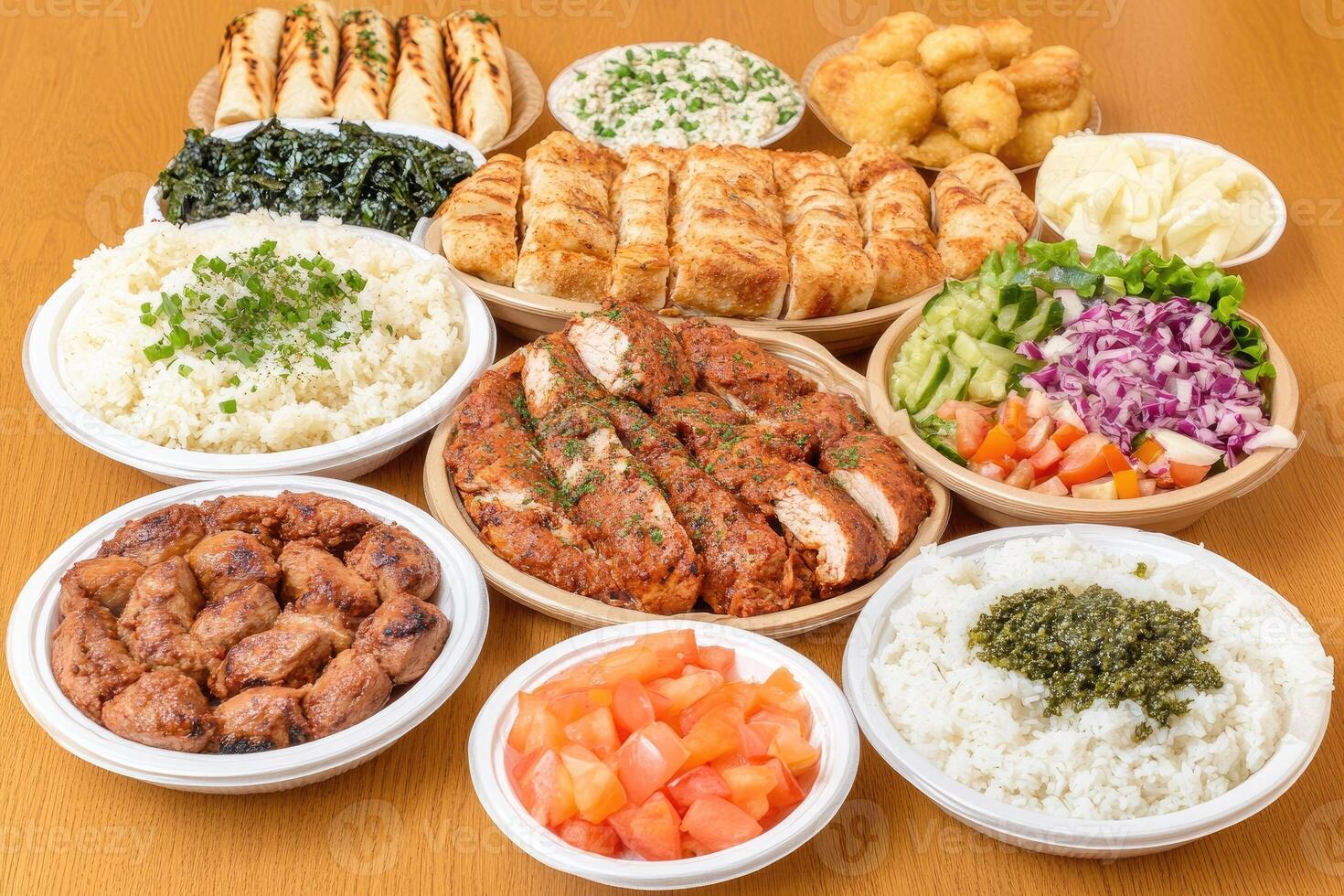Assorted meal platters featuring various cuisines photo