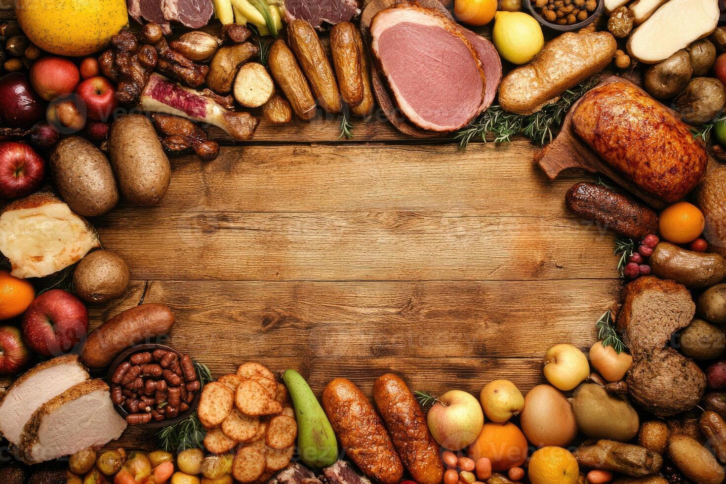 Food arrangement on wooden surface photo