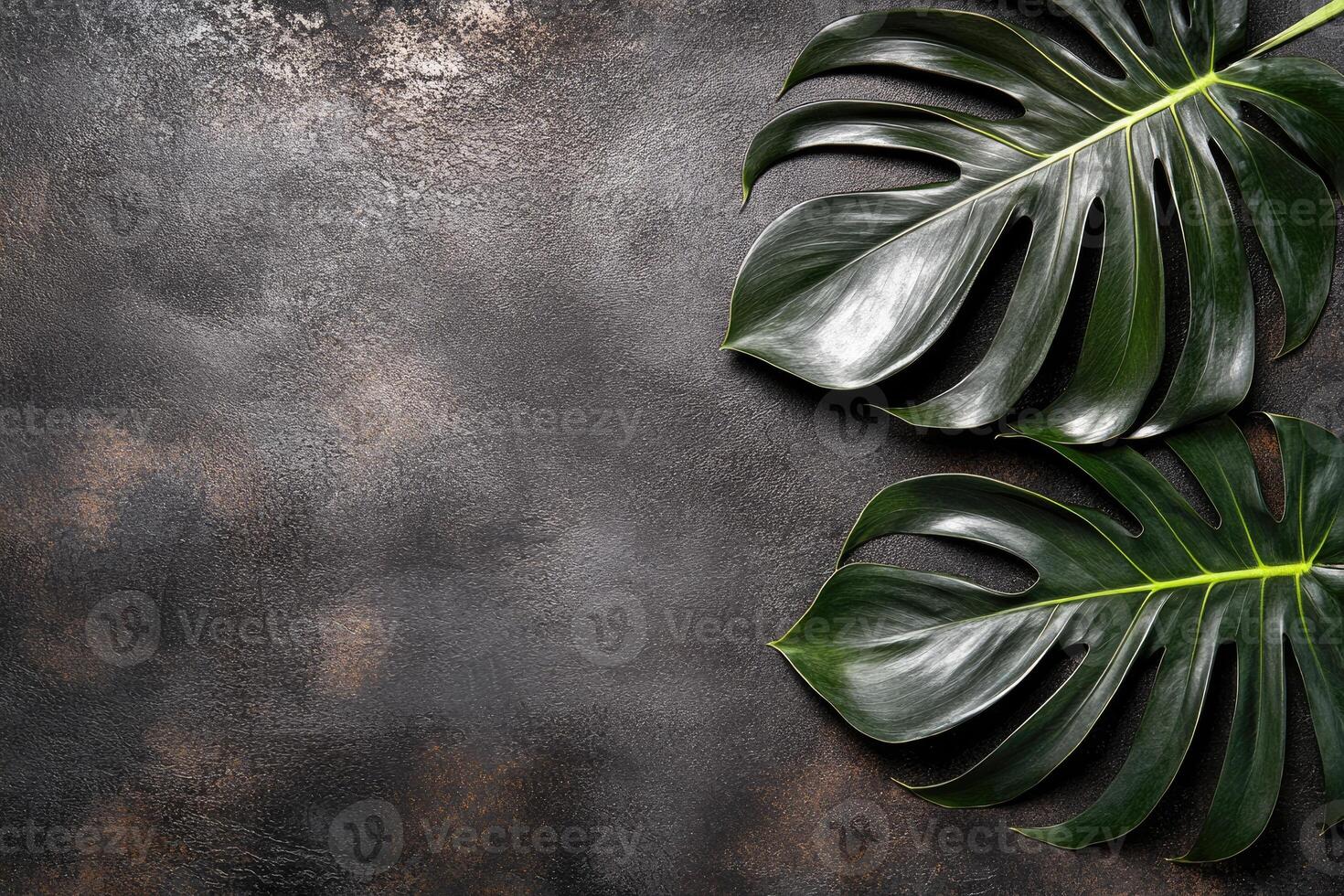 Dark surface with lush tropical leaves photo
