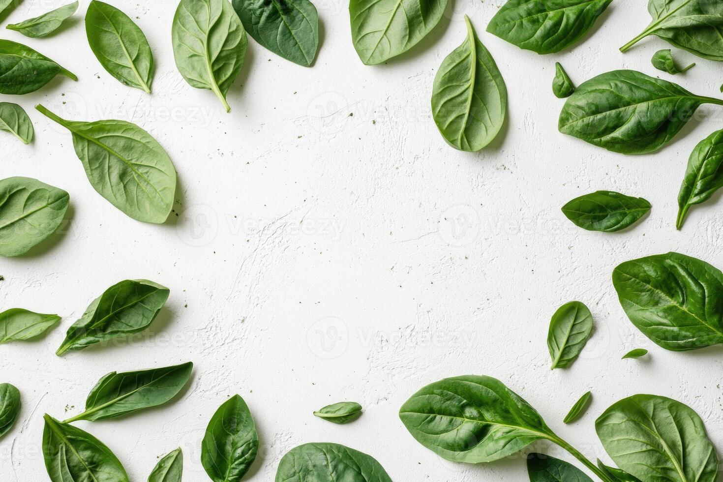 Fresh spinach leaves arranged in a circle on a white textured background photo