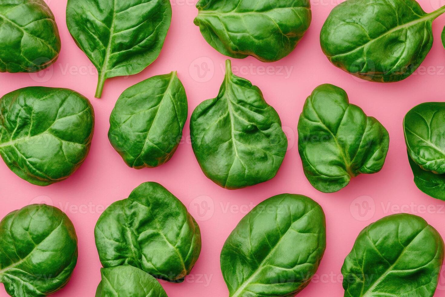 Fresh spinach leaves arranged on a pink background photo