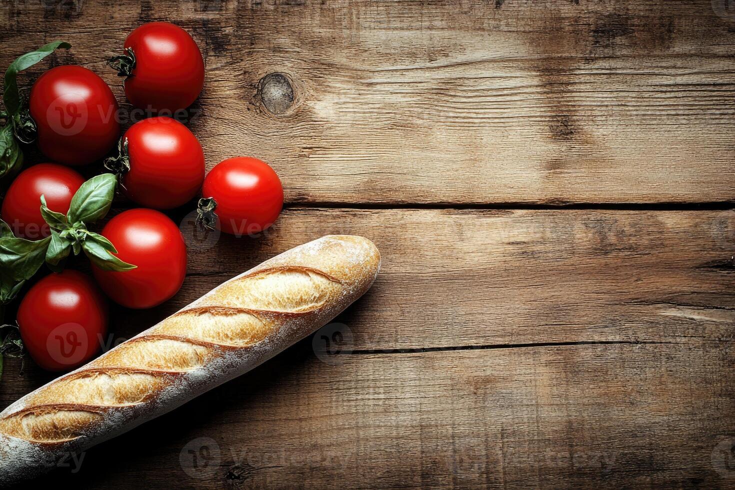 Fresh tomatoes and baguette on rustic wooden table photo