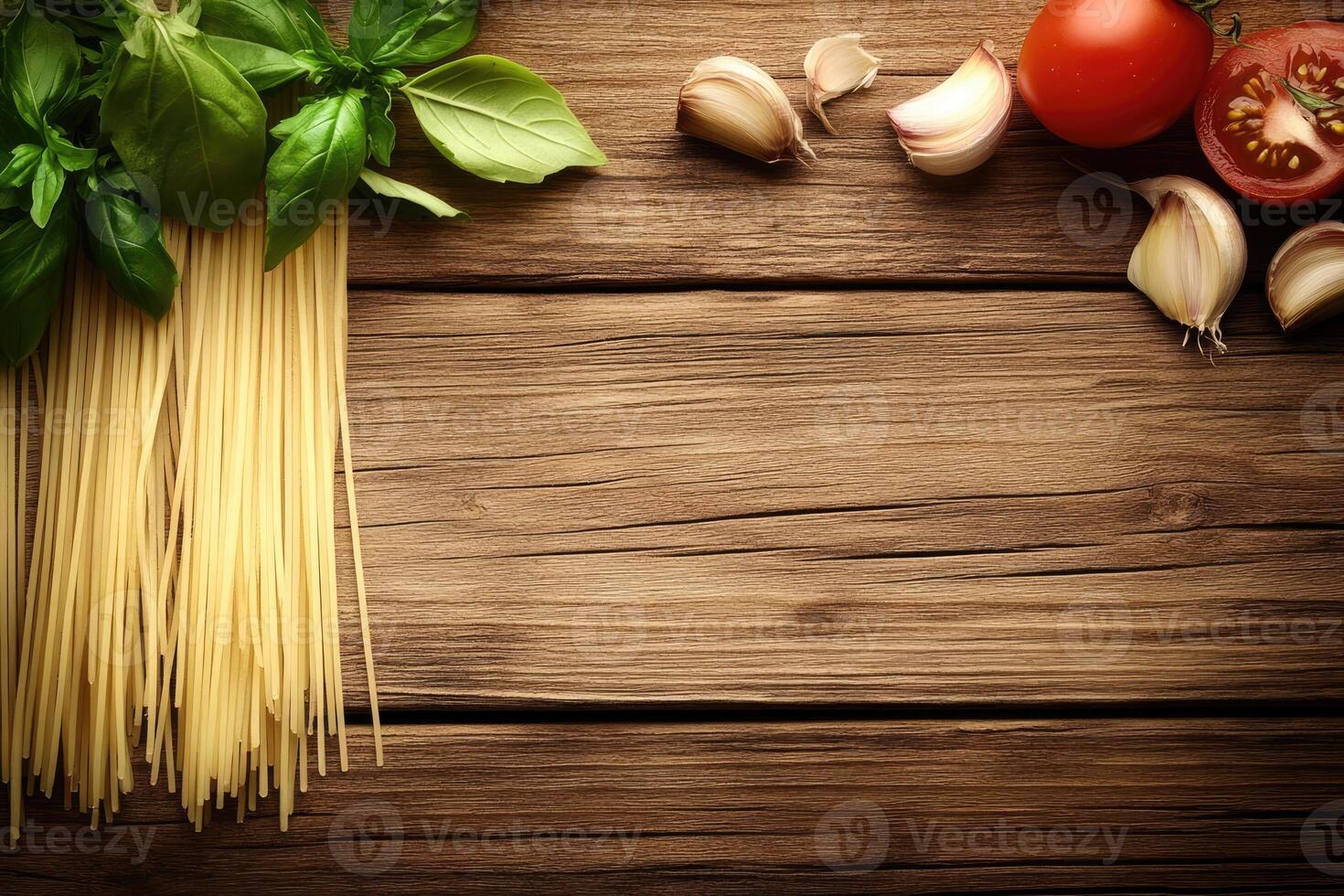 Pasta, garlic, tomatoes, and basil on a rustic wooden table photo
