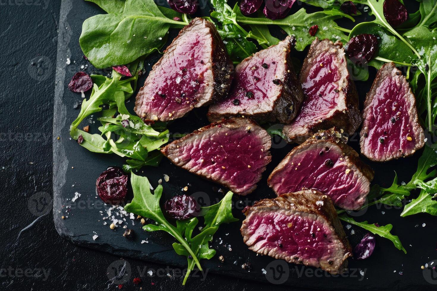 Slices of grilled steak with fresh greens and berries photo
