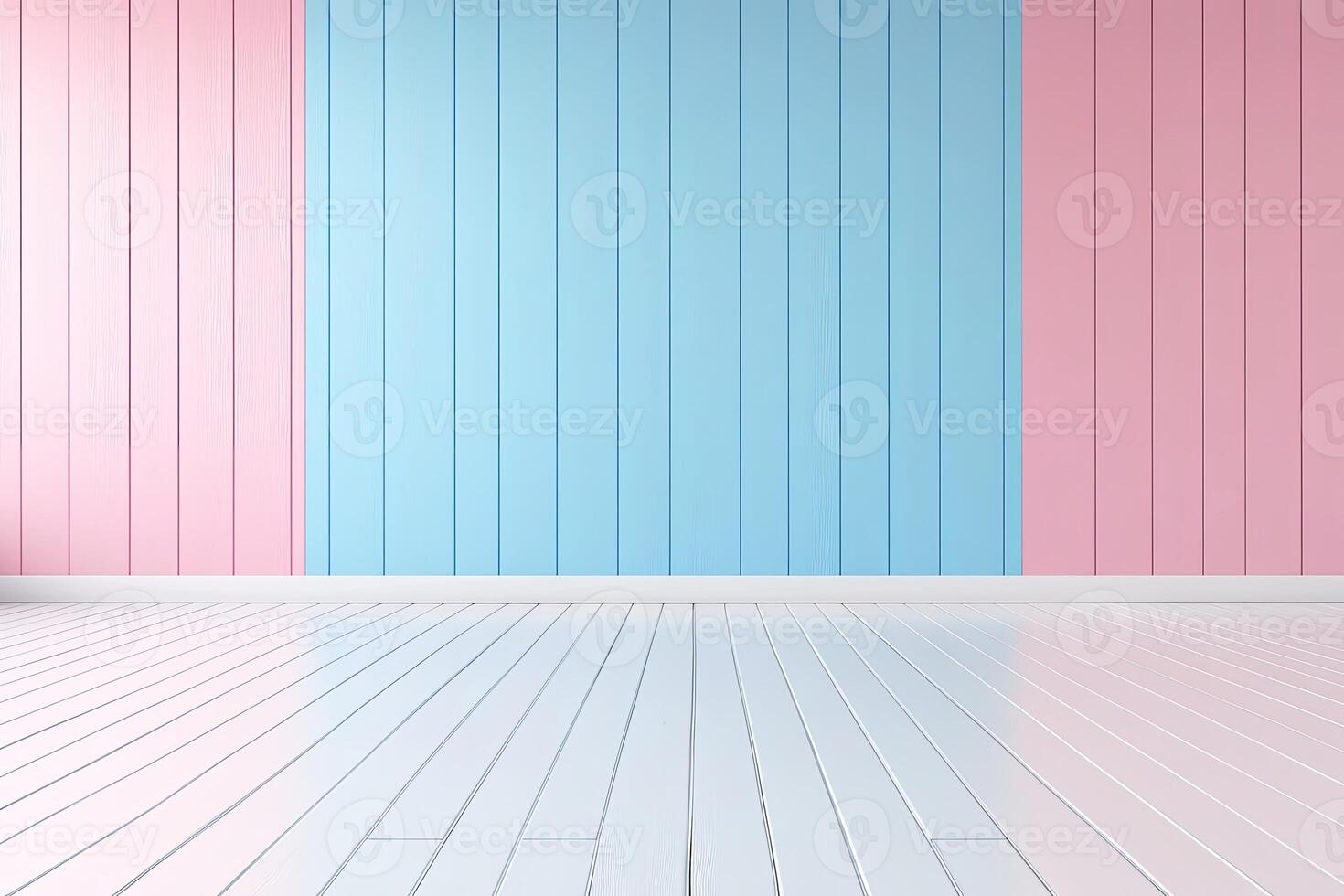 Empty room with pastel pink and light blue walls, white wooden floor photo