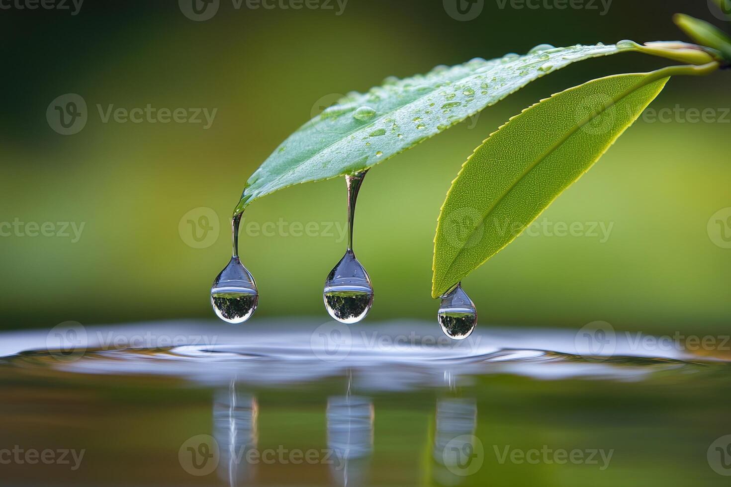 Dewdrops clinging to leaves over water photo