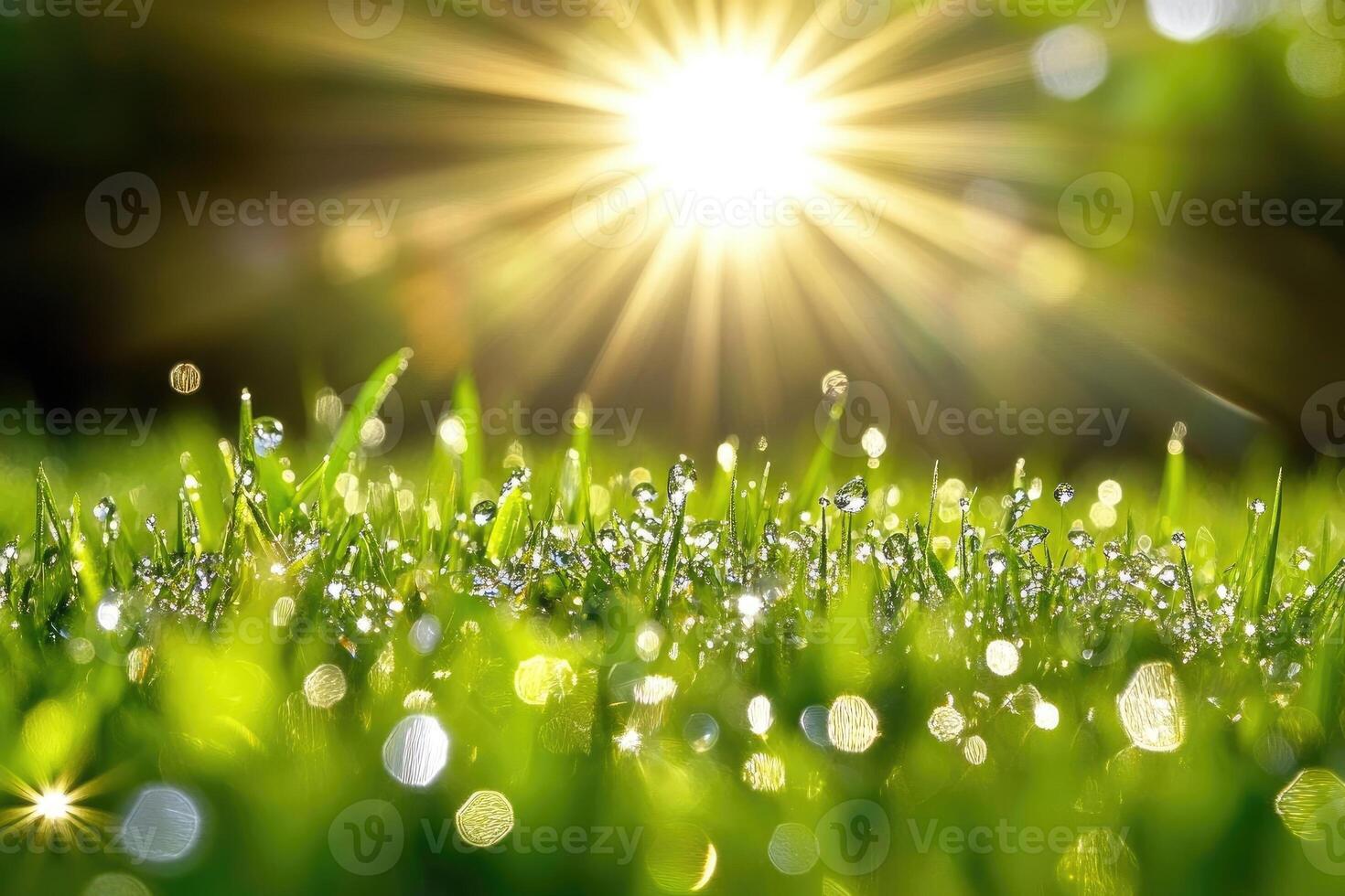 Green grass with dew drops and sun shining in the background photo