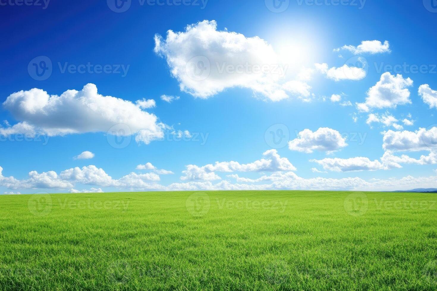 Vast, vibrant green field under a brilliant blue sky filled with puffy white clouds photo