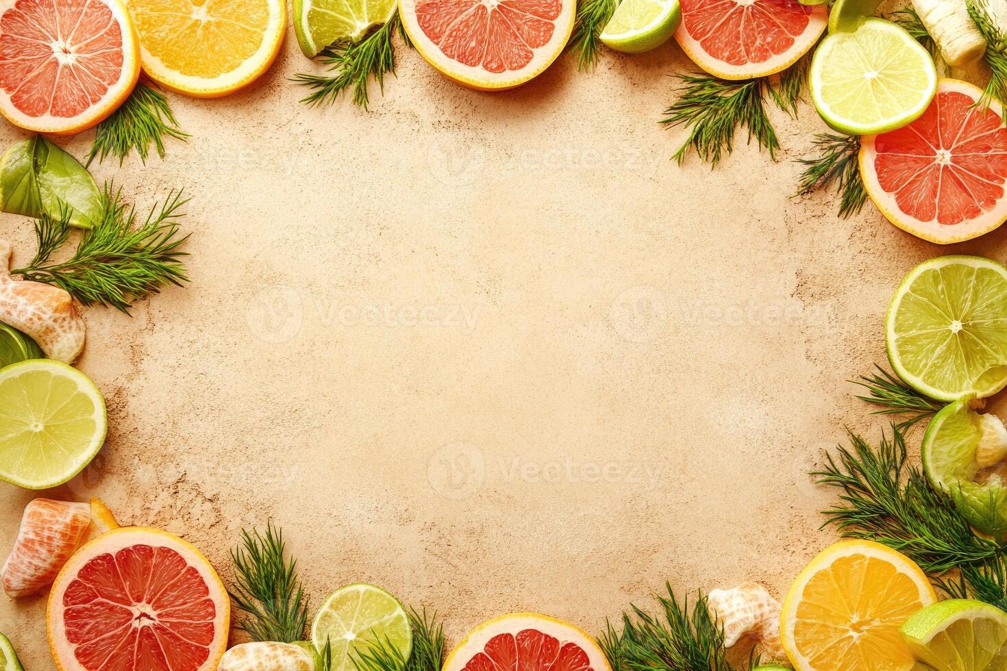 Colorful citrus fruit slices frame photo