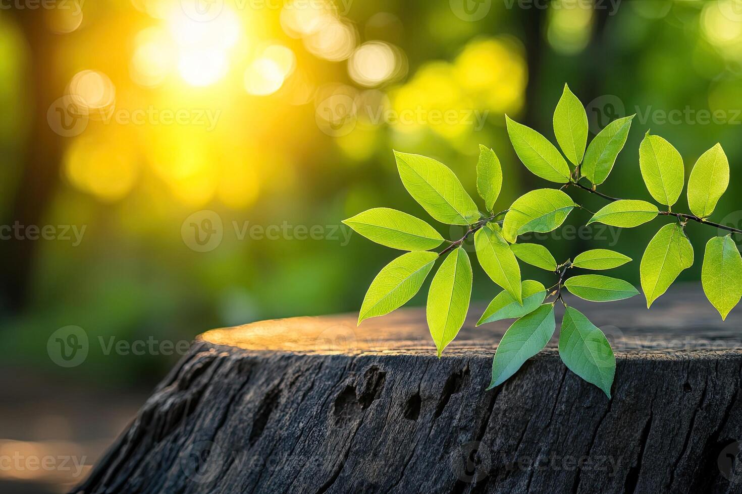 Fresh green leaves on a tree stump at sunrise photo