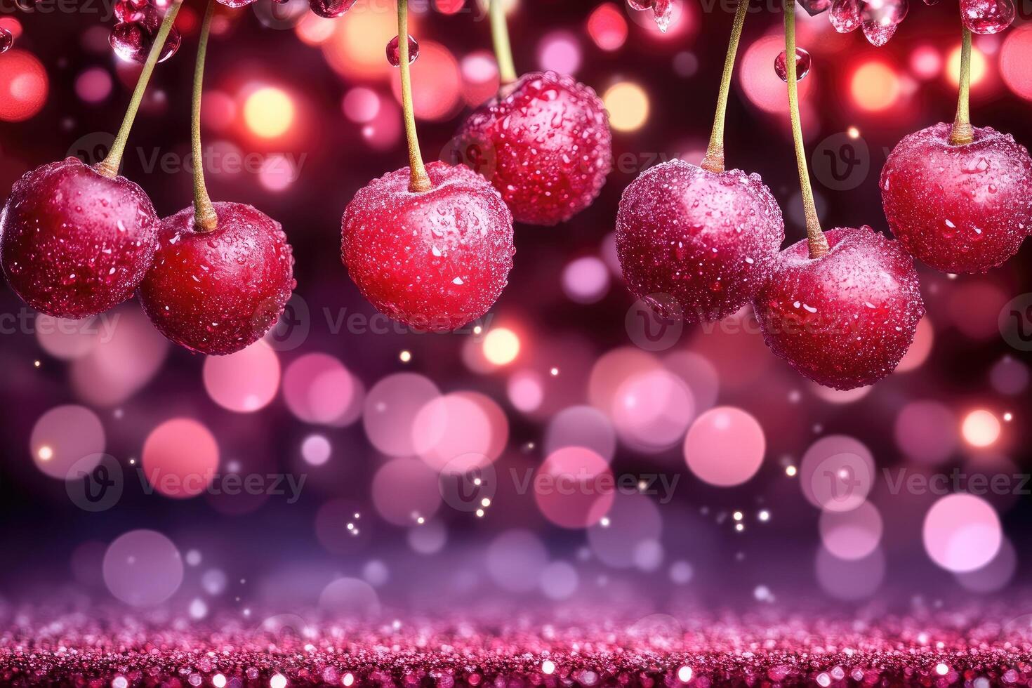 Fresh Cherries with Water Drops against a Festive Background photo