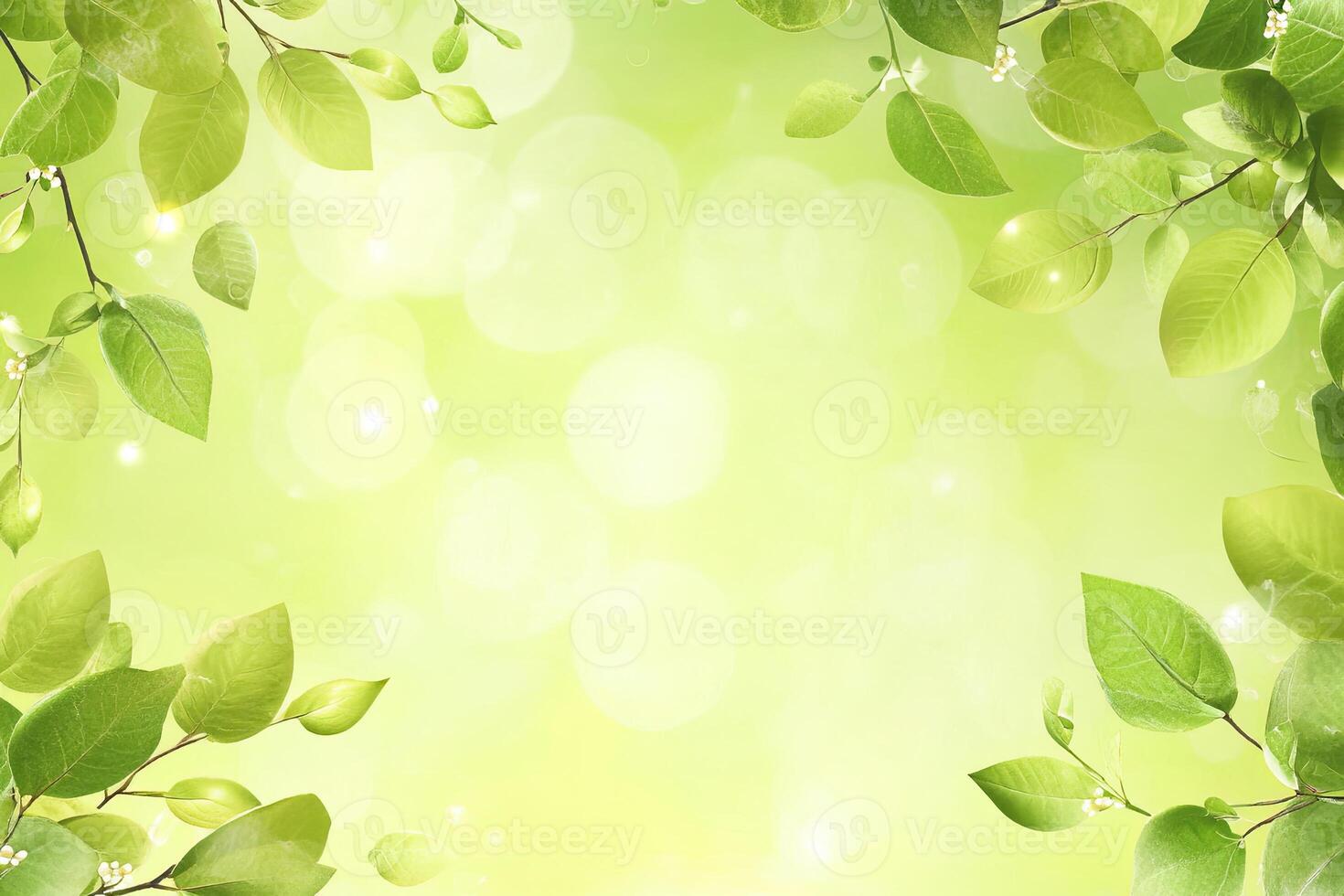 Fresh spring greenery. Soft, light, and airy illustration of vibrant green leaves, branches, and delicate blossoms. A soft, pastel background photo