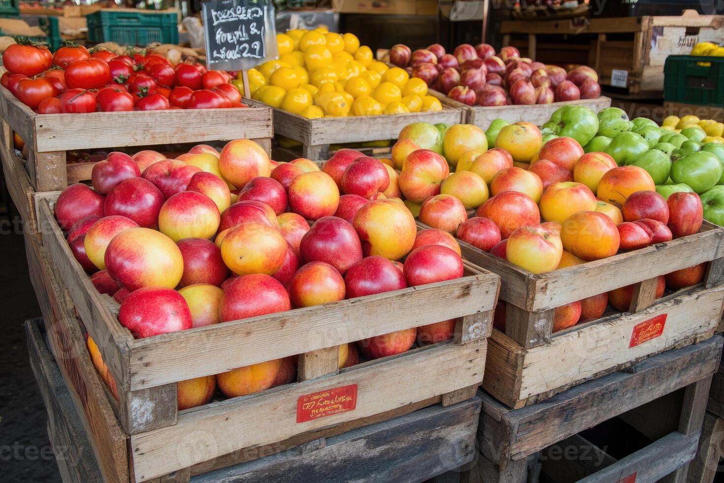 Fresh produce display in wooden crates photo