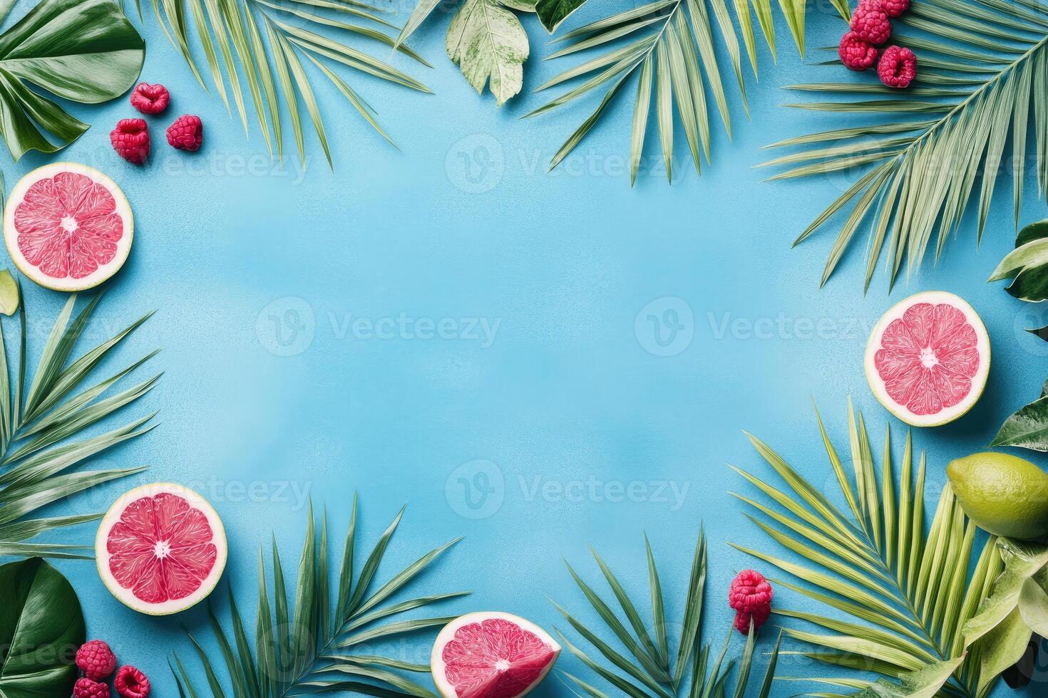 Tropical fruit and leaf border on vibrant blue background photo